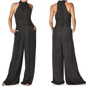Eliza J Jumpsuit Black Glitter Halter Wide Leg Sleeveless High Neck Size 4